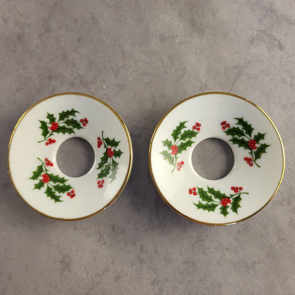 2 Carolina Holly & Berries Porcelain Wax Drip Catch Candle Ring Bobeche Japan